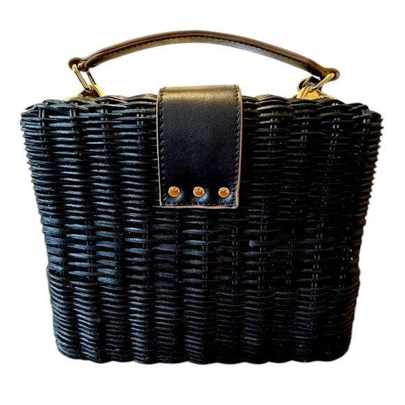 Spartina 449 Black Rattan Box Bag Leather Trim Gold Hardware Top Handle - Picture 16 of 16